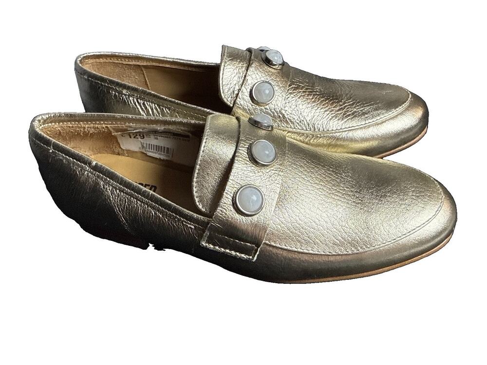 Deabused Gold Metallic Leather Loafers Studded Slip On Shoes Women’s US 6 EU 36
